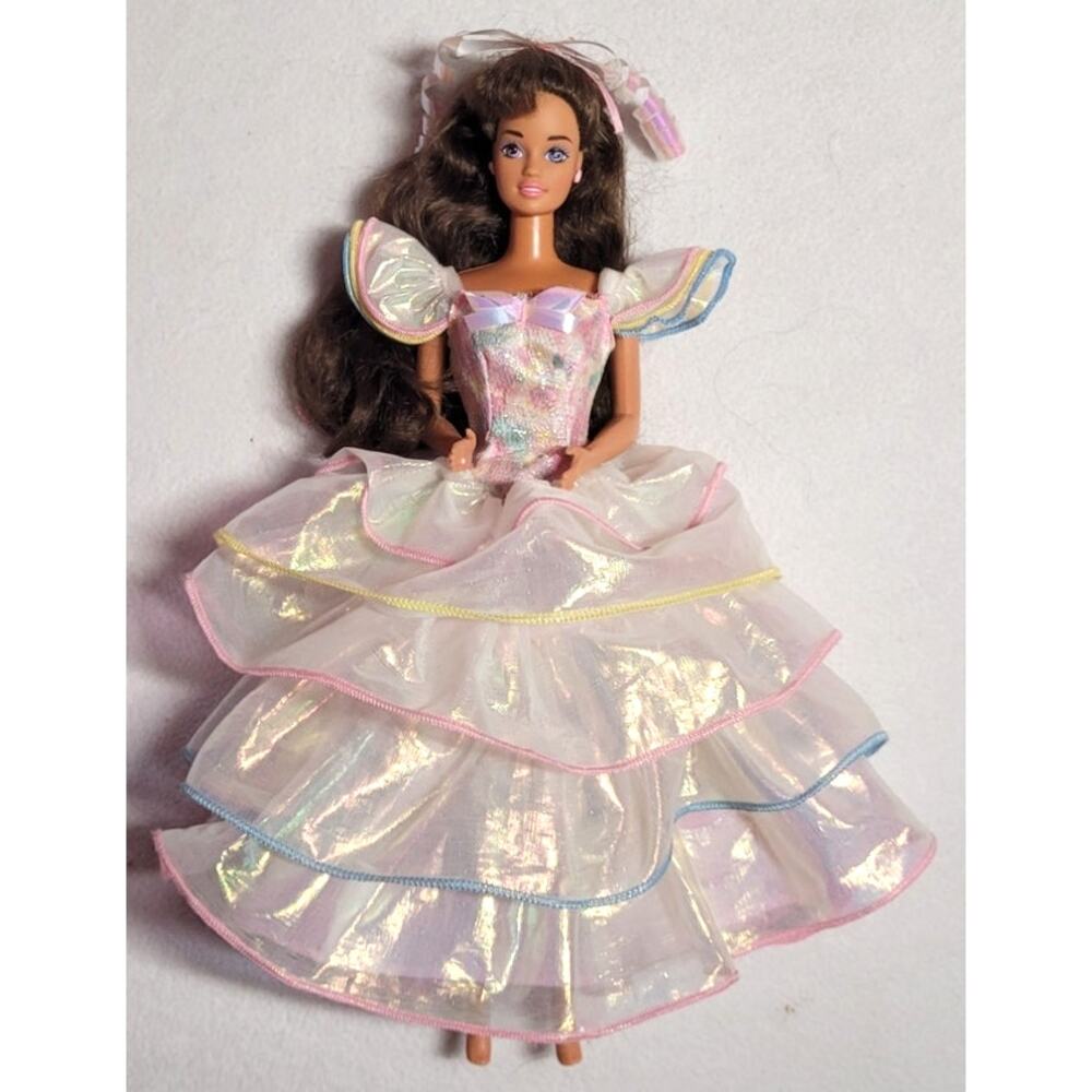 Vtg 1995 Happy Birthday Barbie Doll Brunette Gown Earrings Ring Hair Accessory